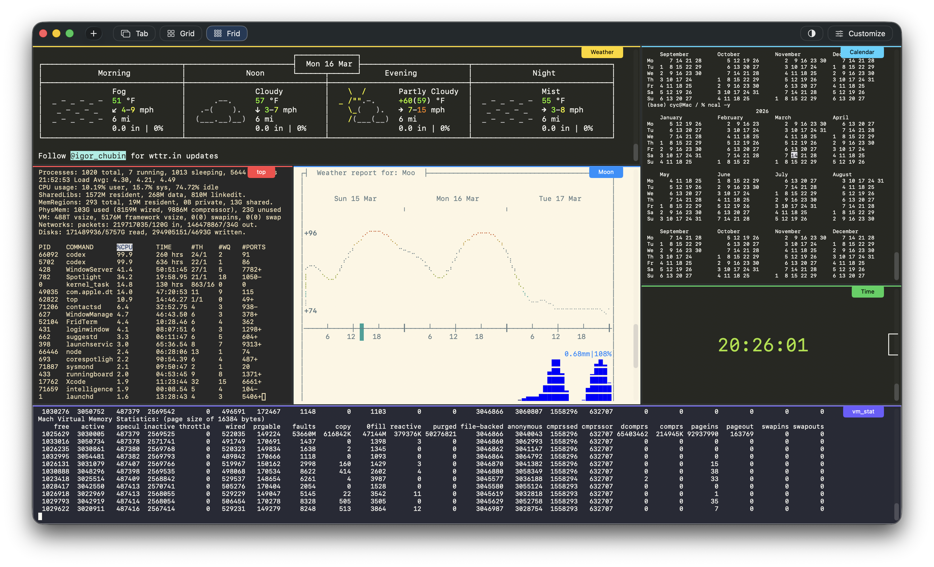 FridTerm showing a complex terminal workspace arranged in a custom layout.