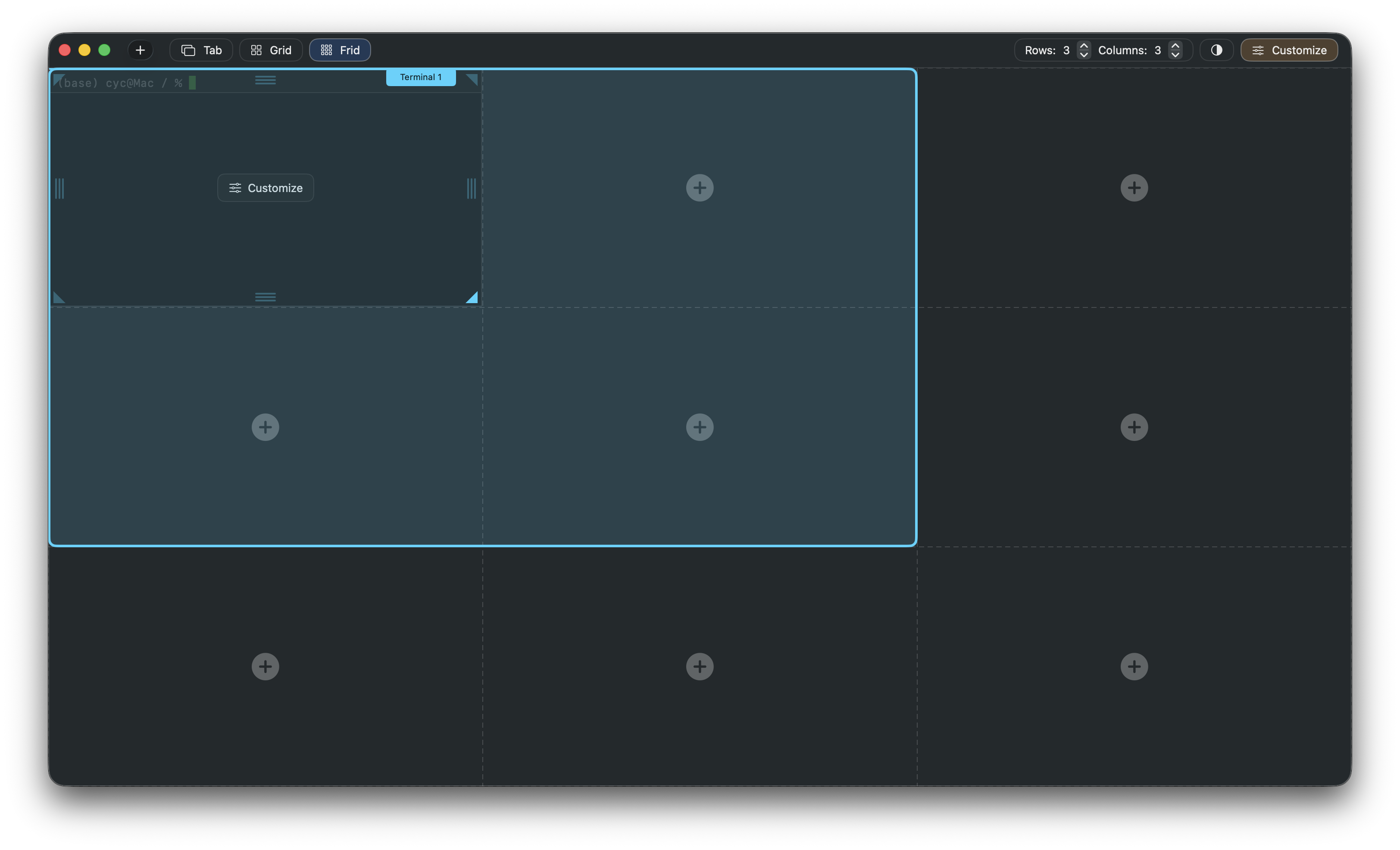 FridTerm showing terminals being resized in the grid.