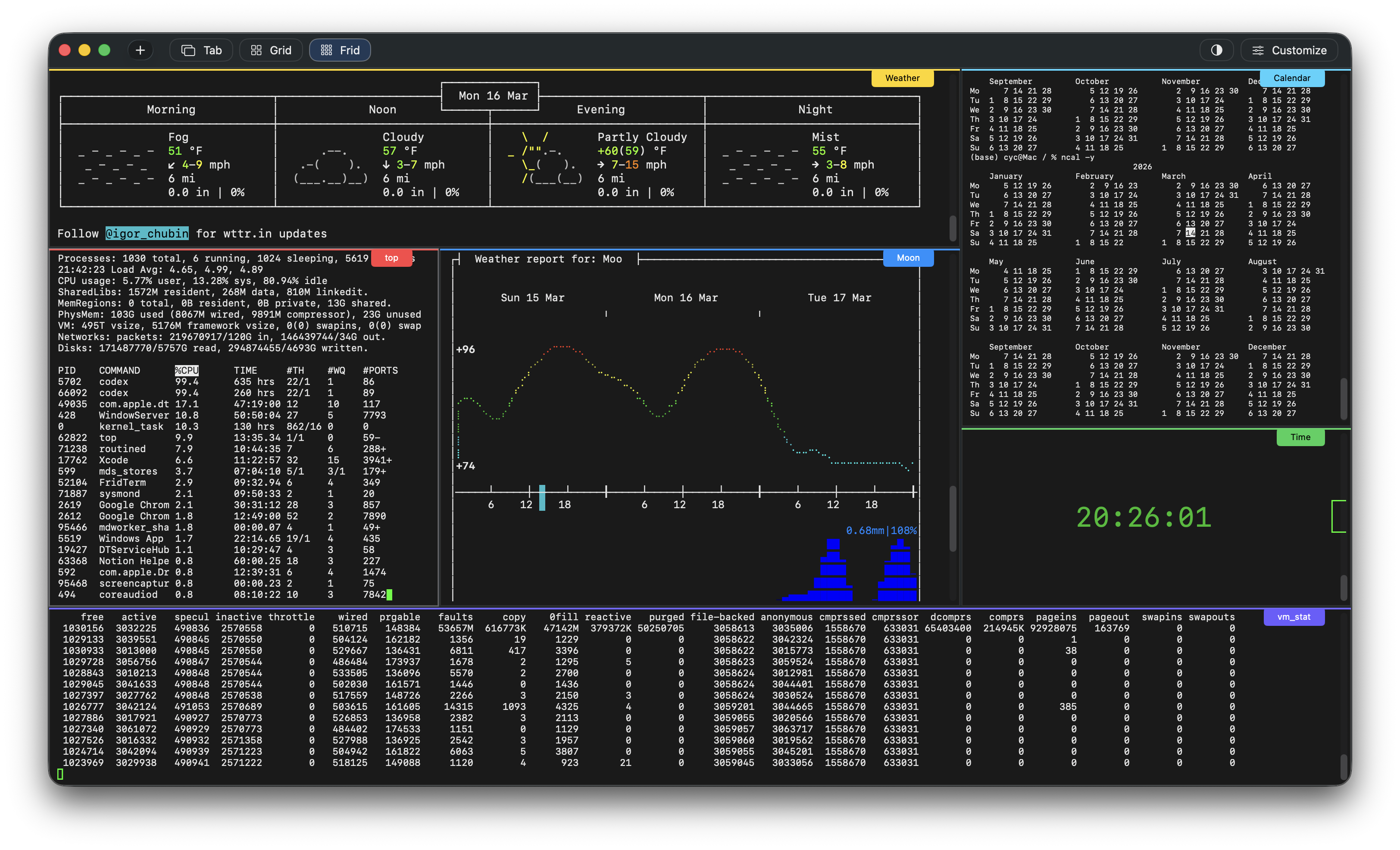 FridTerm showing multiple terminal panes arranged in a flexible grid layout.