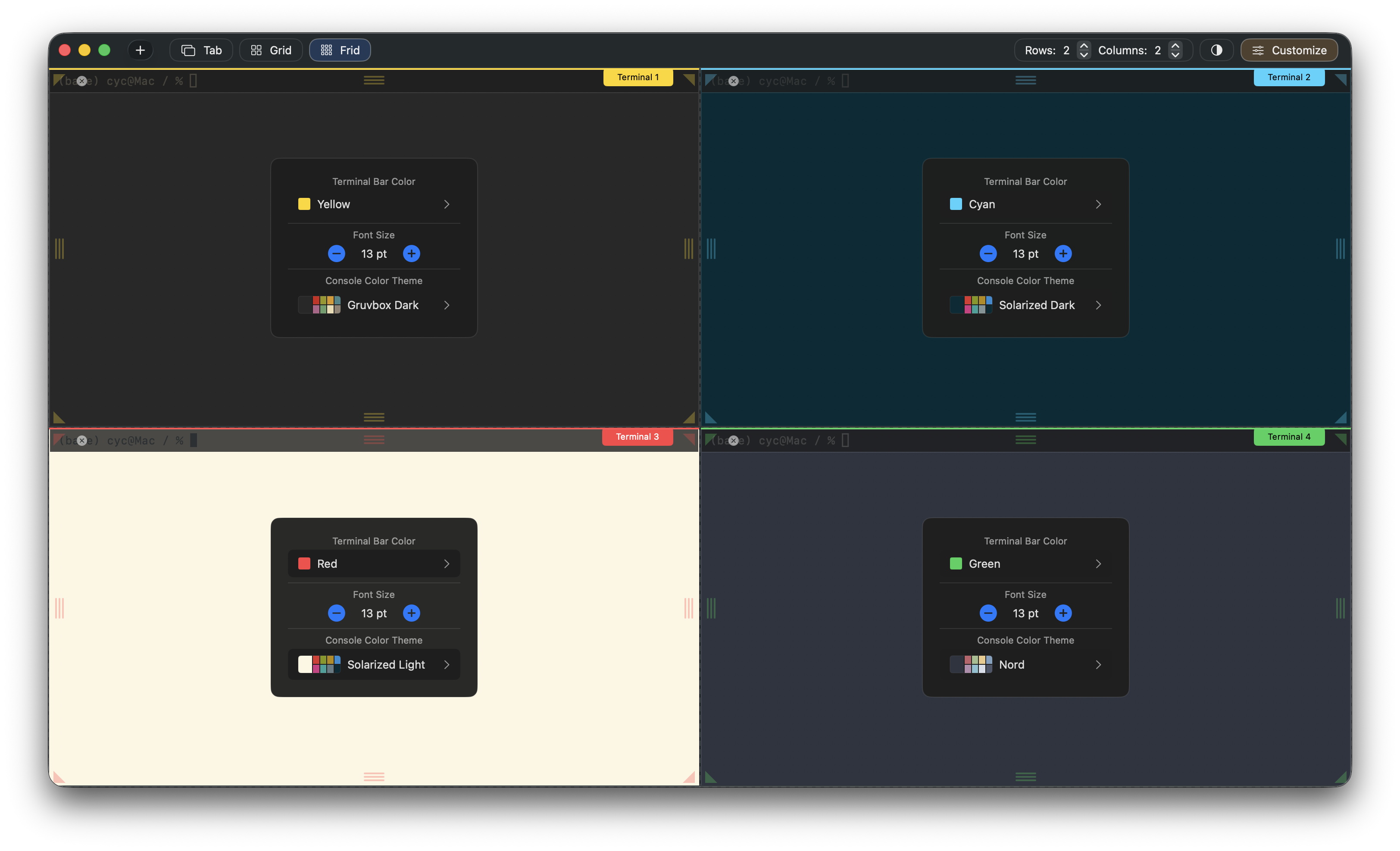 FridTerm showing separate terminal themes with different color settings.