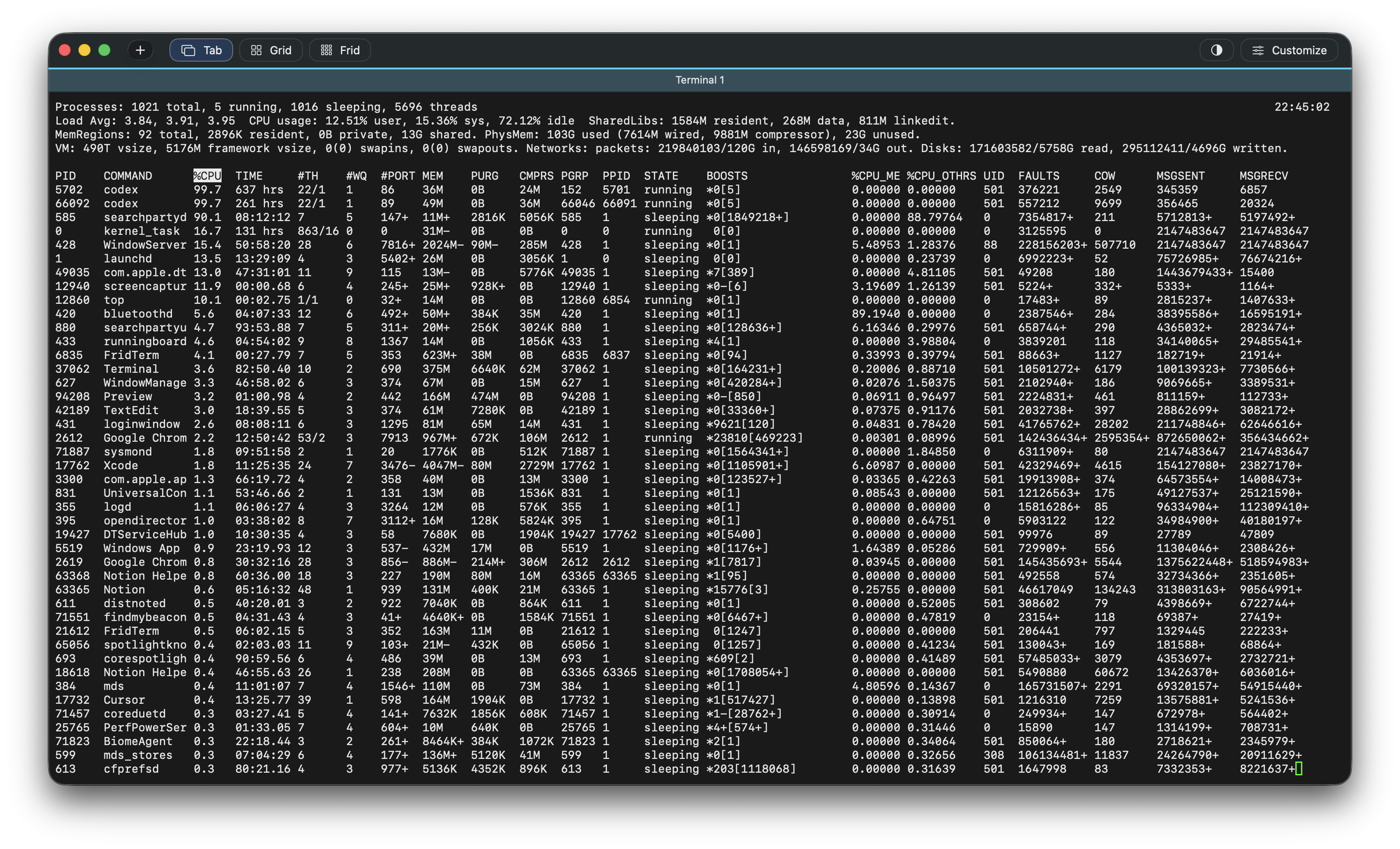 FridTerm showing Tab, Grid, and Frid display modes in the top toolbar.